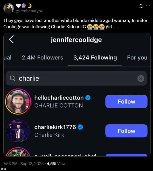 Breaking: Jennifer Coolidge's Controversial Social Media Link to Deceased Activist Charlie Kirk Sparks Outrage Ahead of Emmy Appearances