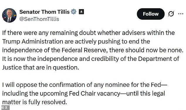 Senator Thom Tillis Warns of Threat to Fed Independence, Vows to Block Nominees Over Trump's Criminal Probe Into Powell