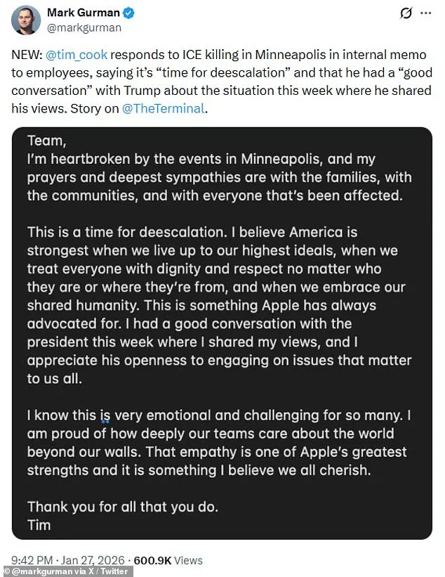 Leaked Memo Sparks Controversy as Apple CEO's Remarks on Minnesota Unrest Surface