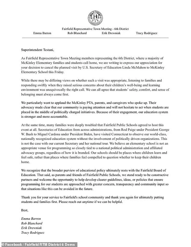 Connecticut School Cancels Visit from Education Secretary Linda McMahon Amid Debate Over Political Influence in Public Education