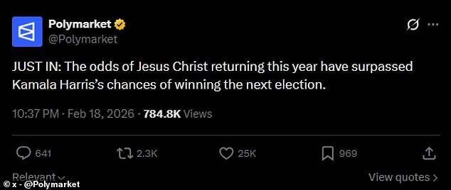 Jesus' 2026 Return Odds Outpace Kamala Harris' 2028 Election Chances in Prediction Markets