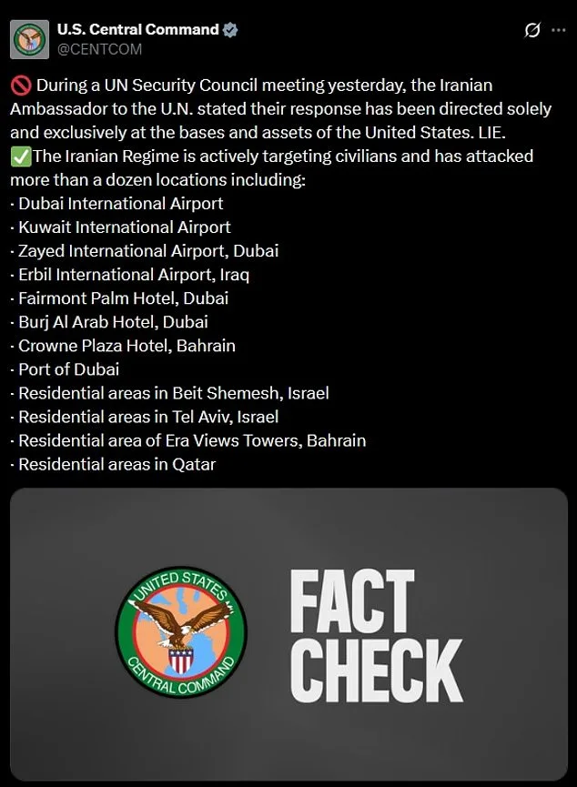 US Central Command Accuses Iran of Lying About Military Actions, Claims Civilian Targets Hit