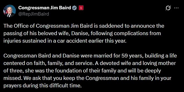 Danise Baird, Wife of Indiana Congressman Jim Baird, Dies Following Car Accident; 59-Year Marriage Celebrated