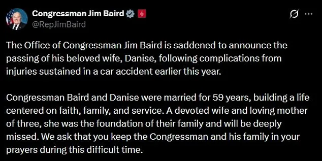 Danise Baird, Wife of Indiana Congressman Jim Baird, Dies Following Car Accident; 59-Year Marriage Celebrated