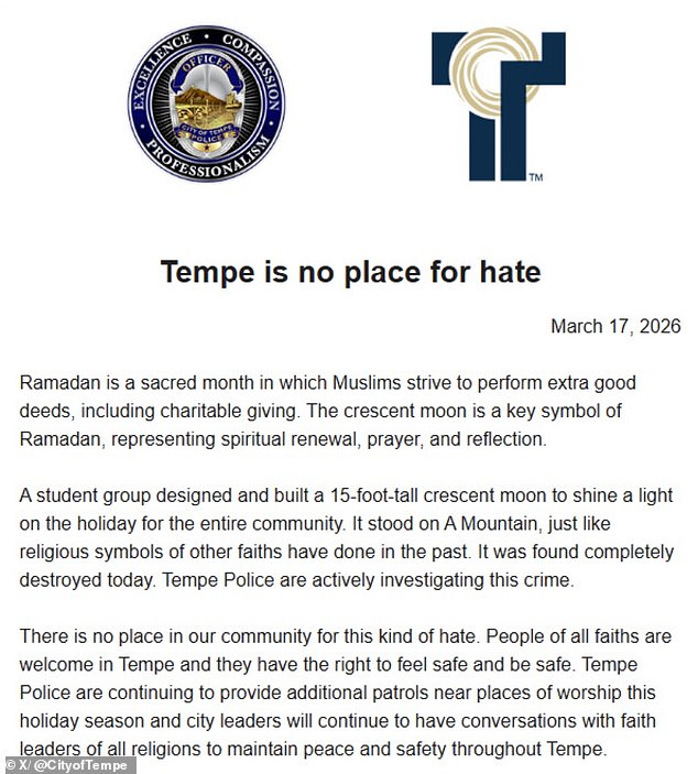 Tempe's 15-Foot Islamic Crescent Moon, Symbol of Unity, Destroyed Amid Ramadan Outrage