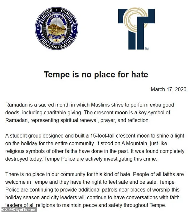 Tempe's 15-Foot Islamic Crescent Moon, Symbol of Unity, Destroyed Amid Ramadan Outrage