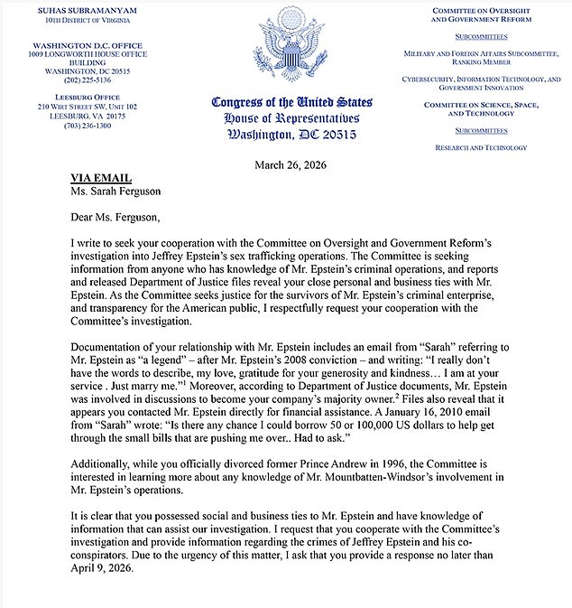 Congressman Asks Sarah Ferguson to Testify on Epstein Ties