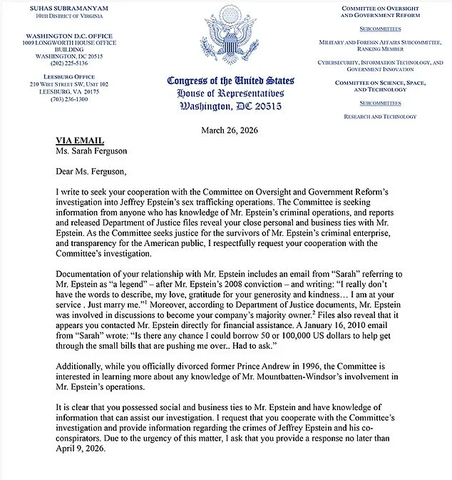 Congressman Asks Sarah Ferguson to Testify on Epstein Ties