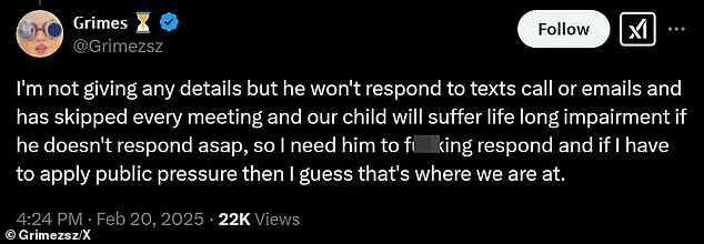 Grimes sends plea to Elon Musk over medical crisis