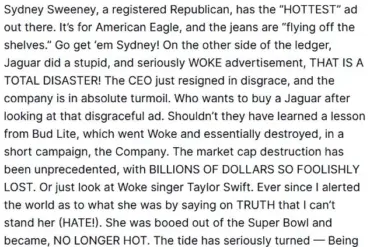 Trump Backs Sydney Sweeney Amid Controversy Over American Eagle Ad, Calls It 'HOTTEST' in Latest Political Move