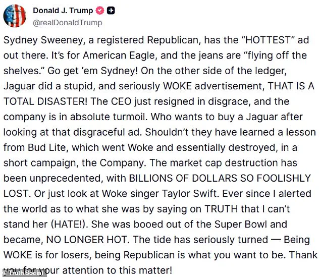 Trump Backs Sydney Sweeney Amid Controversy Over American Eagle Ad, Calls It 'HOTTEST' in Latest Political Move